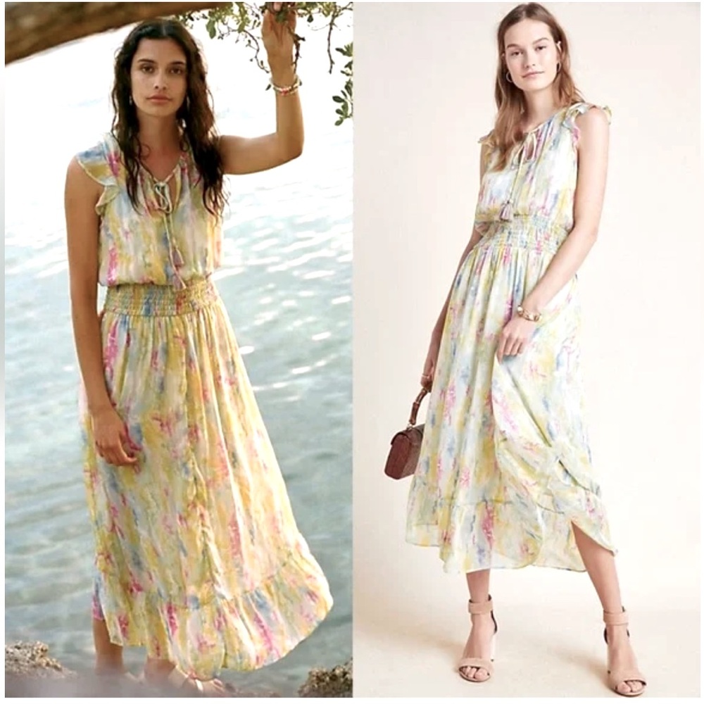ANTHROPOLOGIE Watercolor Maxi Dress Sheer With a Slip Smocked Waist Lightweight